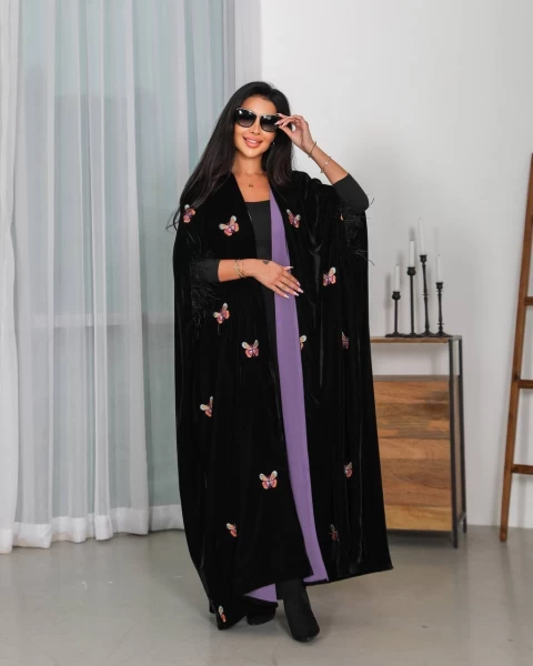 Abaya velvet bisht with butterfly embroidery IB247